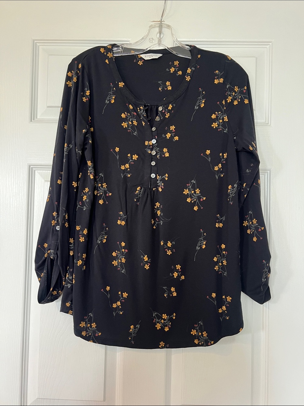 Denver Hayes Black Tunic Top with Yellow Floral Print